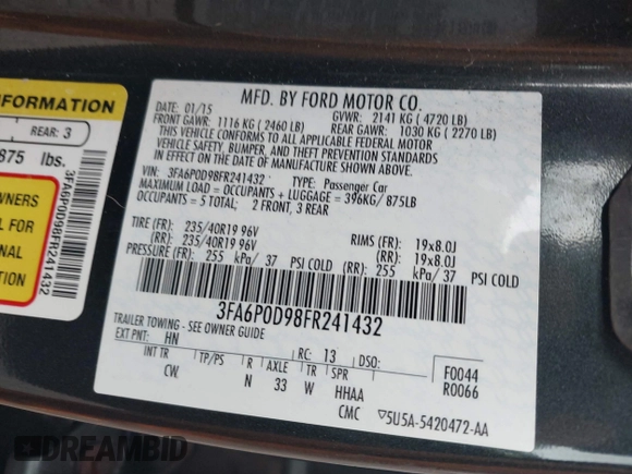2015 Ford Fusion Titanium with VIN 3FA6P0D98FR241432, listed as a IAAI auction lot 40810097 with 94,021 mi miles. Bid and sale history available at carsss.com. Image 9.