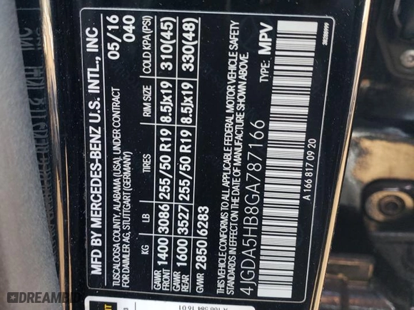 2016 Mercedes-Benz GLE with VIN 4JGDA5HB8GA787166, listed as a Copart auction lot 85591614 with NaN miles and Salvage Title. Bid and sale history available at carsss.com. Image 13.