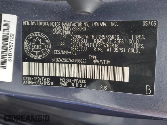 2006 Toyota Sienna with VIN 5TDZA29C76S496823, listed as a Copart auction lot 47431695 with 249,295 mi miles and Salvage Title. Bid and sale history available at DreamBid. Image 14.