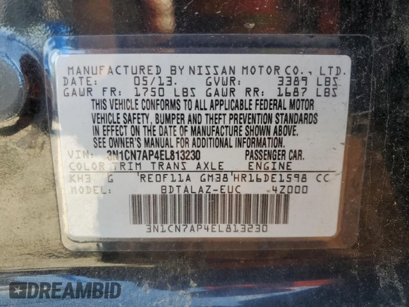 2014 Nissan Versa SV with VIN 3N1CN7AP4EL813230, listed as a Copart auction lot 52454195 with 136,018 mi miles and Clean Title. Bid and sale history available at DreamBid. Image 13.