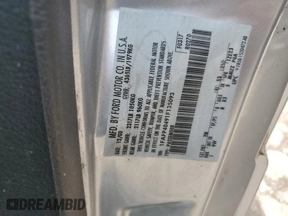 2001 Ford Mustang Standard with VIN 1FAFP40491F135093, listed as a Copart auction lot 59733575 with Not provided miles and Salvage title. Bid and sale history available at DreamBid. Image 12.