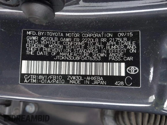 2015 Toyota Prius Four with VIN JTDKN3DU8F0476353, listed as a IAAI auction lot 41892264 with 42,111 mi miles and . Bid and sale history available at DreamBid. Image 9.