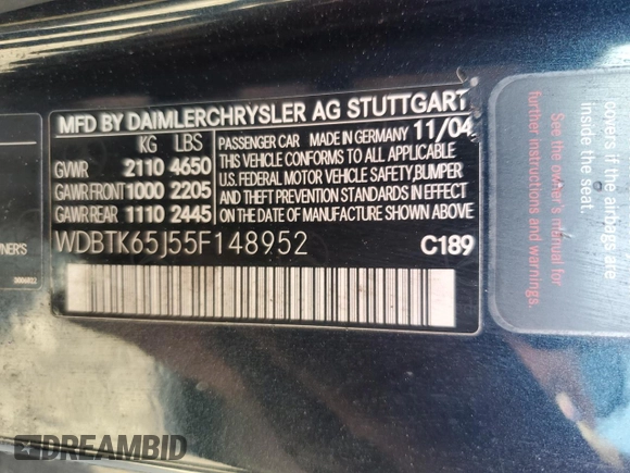 2005 Mercedes-Benz CLK 320 with VIN WDBTK65J55F148952, listed as a Copart auction lot 77080854 with Not Provided miles and Salvage Title. Bid and sale history available at DreamBid. Image 12.