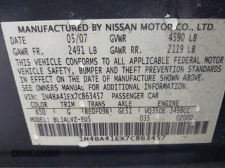 2007 Nissan Maxima 3.5 SL with VIN 1N4BA41EX7C863457, listed as a IAAI auction lot 41633447 with 60,492 mi miles. Bid and sale history available at carsss.com. Image 9.