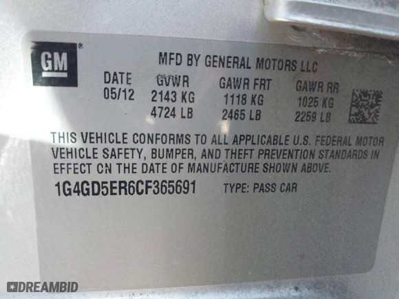 2012 Buick LaCrosse Premium 1 with VIN 1G4GD5ER6CF365691, listed as a IAAI auction lot 41766234 with 184,445 mi miles. Bid and sale history available at carsss.com. Image 9.