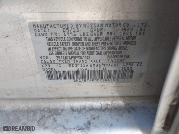 2015 Nissan Sentra S with VIN 3N1AB7AP9FY341143, listed as a IAAI auction lot 40657393 with 134,986 mi miles. Bid and sale history available at carsss.com. Image 9.