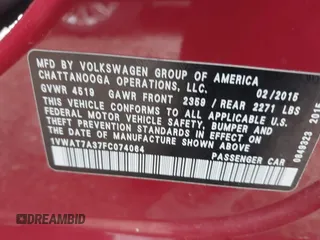 2015 Volkswagen Passat Wolfsburg Edition with VIN 1VWAT7A37FC074064, listed as a IAAI auction lot 42498108 with 183,189 mi miles and . Bid and sale history available at DreamBid. Image 9.