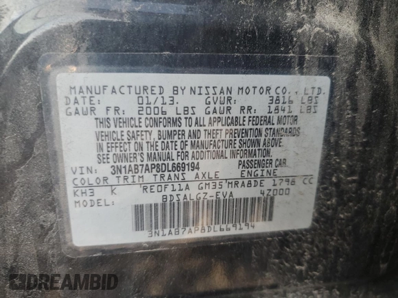 2013 Nissan Sentra S with VIN 3N1AB7AP8DL669194, listed as a Copart auction lot 54205345 with 127,444 mi miles and Salvage Title. Bid and sale history available at DreamBid. Image 12.