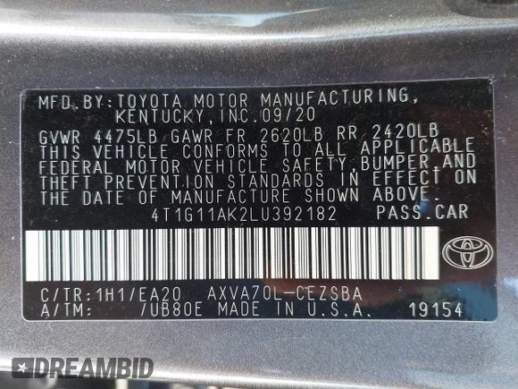 2020 Toyota Camry SE z VIN 4T1G11AK2LU392182, wystawiony jako IAAI lot #41667278 z przebiegiem 41 506 mil mil oraz . Historia ofert i sprzedaży dostępna na DreamBid. Obrazek 9.