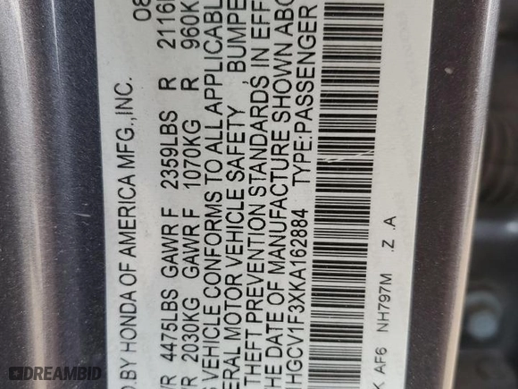 2019 Honda Accord Sedan Sport 1.5T with VIN 1HGCV1F3XKA162884, listed as a Copart auction lot 47411275 with 164,077 mi miles and Salvage Title. Bid and sale history available at carsss.com. Image 12.