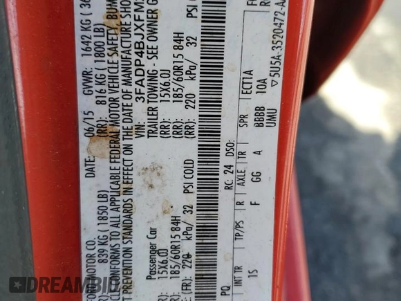 2015 Ford Fiesta SE z VIN 3FADP4BJXFM219540, wystawiony jako Copart lot #54780125 z przebiegiem 163 370 mil mil oraz Szkoda całkowita • Salvage title. Historia ofert i sprzedaży dostępna na DreamBid. Obrazek 13.