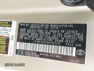 2011 Toyota Camry LE with VIN 4T1BF3EK2BU193312, listed as a IAAI auction lot 41912944 with 204,214 mi miles and . Bid and sale history available at DreamBid. Image 9.