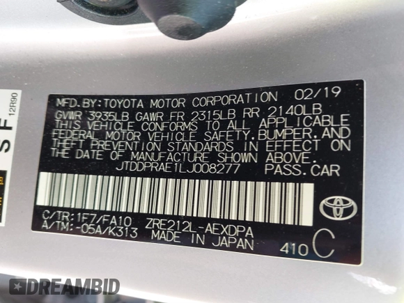 2020 Toyota Corolla L with VIN JTDDPRAE1LJ008277, listed as a IAAI auction lot 41874417 with 24,419 mi miles. Bid and sale history available at carsss.com. Image 9.