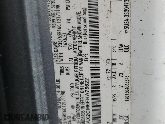 2015 Ford Transit XL with VIN 1FBAX2CM6FKA75622, listed as a Copart auction lot 49410195 with 373,295 mi miles and Salvage title. Bid and sale history available at DreamBid. Image 14.