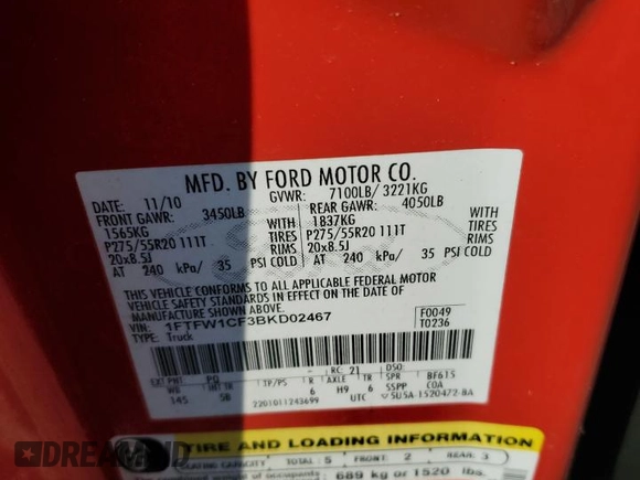 2011 Ford F-150 XL with VIN 1FTFW1CF3BKD02467, listed as a Copart auction lot 59616865 with 135,939 mi miles and Clean title. Bid and sale history available at DreamBid. Image 12.