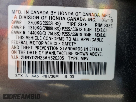 2010 Acura MDX z VIN 2HNYD2H25AH526205, wystawiony jako Copart lot #54831705 z przebiegiem 146 964 mil mil oraz Szkoda całkowita • Salvage title. Historia ofert i sprzedaży dostępna na DreamBid. Obrazek 12.