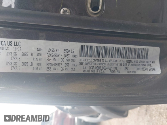 2018 Jeep Cherokee Trailhawk with VIN 1C4PJMBB0JD564792, listed as a IAAI auction lot 42513208 with 173,484 mi miles and . Bid and sale history available at DreamBid. Image 9.