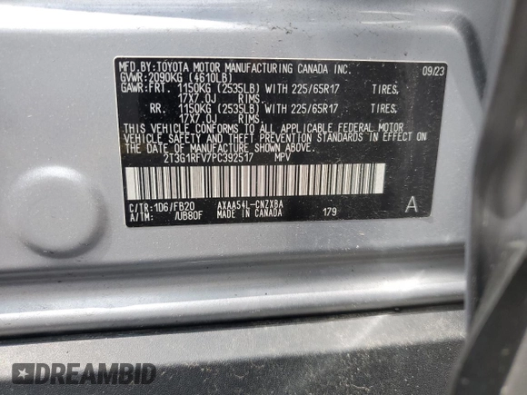 2023 Toyota RAV4 LE с VIN 2T3G1RFV7PC392517, выставлен на аукционе Copart как лот 57244215 с пробегом 19 772 миль миль и Списание • Salvage title. История ставок и продаж доступна на DreamBid. Изображение 12.