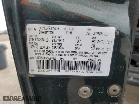 2002 Jeep Liberty Limited with VIN 1J4GL58K52W220933, listed as a Copart auction lot 49211765 with 189,095 mi miles and Salvage title. Bid and sale history available at DreamBid. Image 16.