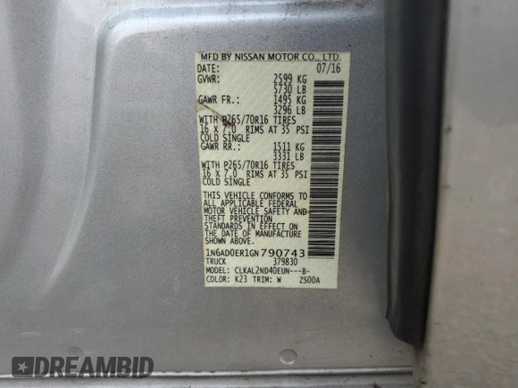 2016 Nissan Frontier S with VIN 1N6AD0ER1GN790743, listed as a Copart auction lot 56455665 with 182,347 mi miles and Salvage title. Bid and sale history available at DreamBid. Image 12.