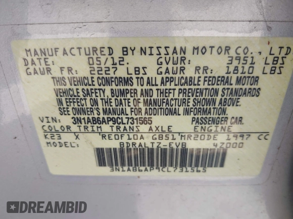 2012 Nissan Sentra S with VIN 3N1AB6AP9CL731565, listed as a IAAI auction lot 42694636 with 198,928 mi miles and . Bid and sale history available at DreamBid. Image 9.