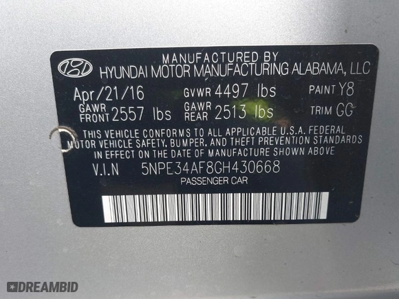 2016 Hyundai Sonata 2.4L Sport with VIN 5NPE34AF8GH430668, listed as a IAAI auction lot 41919880 with 66,176 mi miles. Bid and sale history available at carsss.com. Image 9.