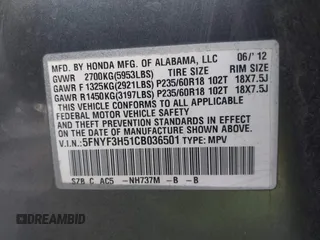 2012 Honda Pilot EX-L with VIN 5FNYF3H51CB036501, listed as a IAAI auction lot 41703208 with 223,984 mi miles. Bid and sale history available at carsss.com. Image 9.