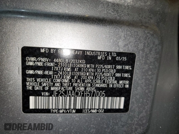 2015 Subaru Forester 2.5i with VIN JF2SJAACXFH577005, listed as a Copart auction lot 48201555 with 126,375 mi miles and Non Repairable. Bid and sale history available at carsss.com. Image 12.
