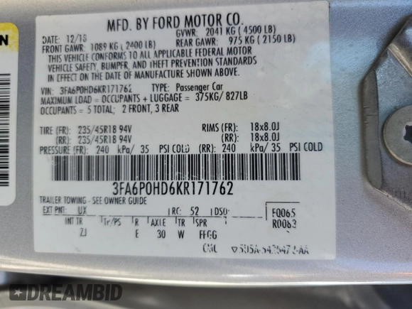 2019 Ford Fusion SE with VIN 3FA6P0HD6KR171762, listed as a Copart auction lot 51949405 with 158,196 mi miles and Clean Title. Bid and sale history available at carsss.com. Image 13.