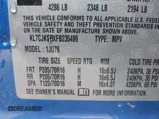 2015 Chevrolet Trax LS with VIN KL7CJKSBXFB235486, listed as a IAAI auction lot 41875595 with 125,301 mi miles. Bid and sale history available at carsss.com. Image 9.