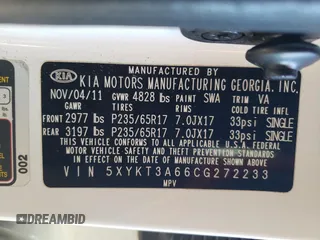 2012 Kia Sorento LX with VIN 5XYKT3A66CG272233, listed as a Copart auction lot 49393445 with 253,328 mi miles and Salvage Title. Bid and sale history available at DreamBid. Image 15.