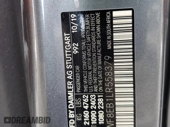 2020 Mercedes-Benz C 300 with VIN WDDWF8EB1LR558379, listed as a Copart auction lot 60684585 with Not provided miles and Salvage title. Bid and sale history available at DreamBid. Image 12.