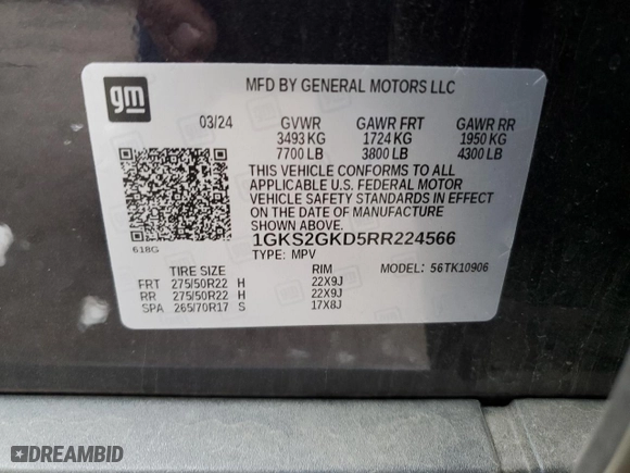 2024 GMC Yukon XL SLT with VIN 1GKS2GKD5RR224566, listed as a Copart auction lot 76997694 with 15,917 mi miles and Salvage Title. Bid and sale history available at carsss.com. Image 13.