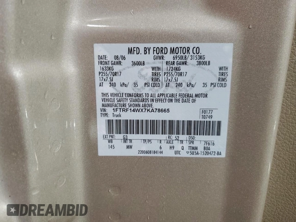 2007 Ford F-150 XL with VIN 1FTRF14WX7KA78665, listed as a Copart auction lot 49962105 with 127,491 mi miles and Salvage title. Bid and sale history available at DreamBid. Image 13.