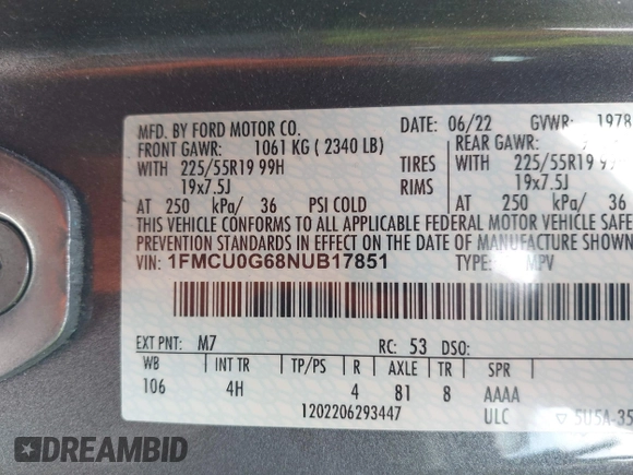 2022 Ford Escape SE with VIN 1FMCU0G68NUB17851, listed as a IAAI auction lot 42052525 with 37,004 mi miles and . Bid and sale history available at DreamBid. Image 9.