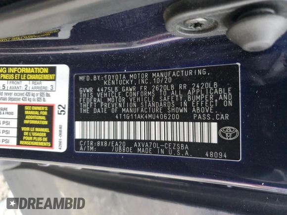 2021 Toyota Camry SE Nightshade with VIN 4T1G11AK4MU406200, listed as a Copart auction lot 45210035 with 85,490 mi miles and Salvage Title. Bid and sale history available at carsss.com. Image 14.