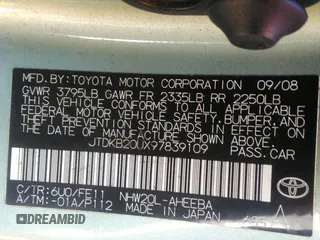 2009 Toyota Prius with VIN JTDKB20UX97839109, listed as a IAAI auction lot 42187878 with 237,613 mi miles. Bid and sale history available at carsss.com. Image 9.