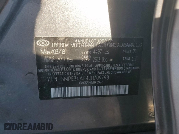 2018 Hyundai Sonata Sport Plus with VIN 5NPE34AF4JH709798, listed as a Copart auction lot 46046495 with 107,575 mi miles and Salvage Title. Bid and sale history available at DreamBid. Image 15.