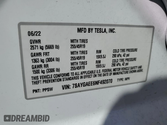 2022 Tesla Model Y Long Range z VIN 7SAYGAEE6NF492070, wystawiony jako Copart lot #52032415 z przebiegiem 143 732 mil mil oraz Szkody całkowita. Historia ofert i sprzedaży dostępna na DreamBid. Obrazek 13.