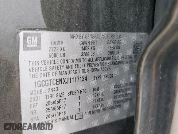 2018 Chevrolet Colorado 4WD LT with VIN 1GCGTCENXJ1117124, listed as a Copart auction lot 55953395 with 88,759 mi miles and Salvage title. Bid and sale history available at DreamBid. Image 12.