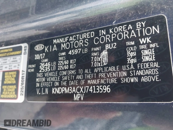 2018 Kia Sportage LX with VIN KNDPM3ACXJ7413596, listed as a IAAI auction lot 41871847 with 72,959 mi miles and . Bid and sale history available at carsss.com. Image 9.