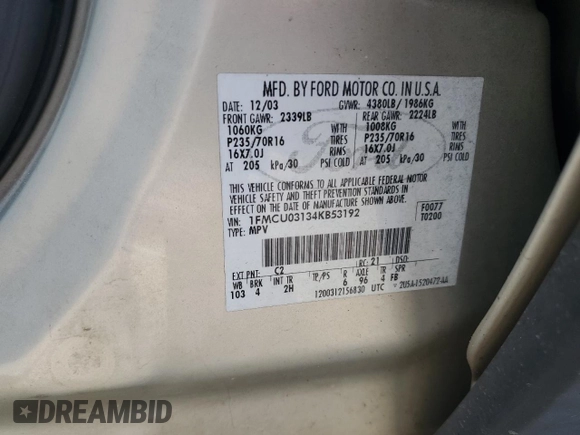 2004 Ford Escape XLT with VIN 1FMCU03134KB53192, listed as a Copart auction lot 62178075 with 223,637 mi miles and Salvage title. Bid and sale history available at DreamBid. Image 13.
