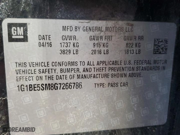 2016 Chevrolet Cruze LT with VIN 1G1BE5SM8G7266786, listed as a Copart auction lot 51242935 with 122,282 mi miles and Salvage Title. Bid and sale history available at carsss.com. Image 12.