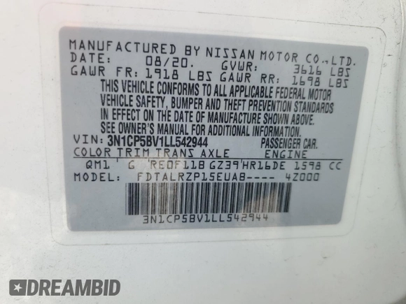 2020 Nissan Kicks S with VIN 3N1CP5BV1LL542944, listed as a Copart auction lot 49185495 with 63,591 mi miles and Non Repairable. Bid and sale history available at carsss.com. Image 14.