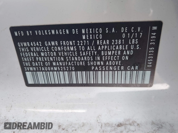 2017 Volkswagen Golf S с VIN 3VWH17AU0HM525270, выставлен на аукционе IAAI как лот 40931148 с пробегом Не указан миль и . История ставок и продаж доступна на DreamBid. Изображение 9.
