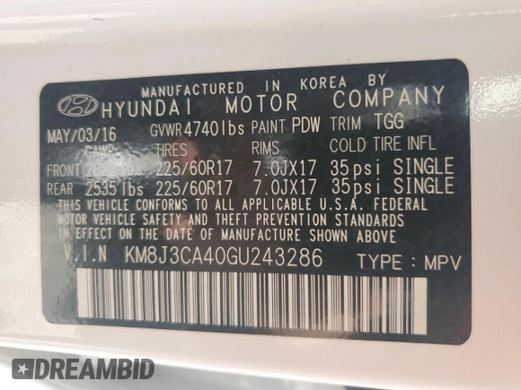 2016 Hyundai Tucson SE z VIN KM8J3CA40GU243286, wystawiony jako Copart lot #60884505 z przebiegiem 36 250 mil mil oraz Czysty tytuł • Clean title. Historia ofert i sprzedaży dostępna na DreamBid. Obrazek 13.