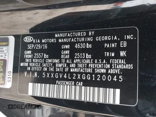 2016 Kia Optima SXL Turbo with VIN 5XXGV4L2XGG120045, listed as a IAAI auction lot 41511829 with 107,760 mi miles. Bid and sale history available at carsss.com. Image 9.