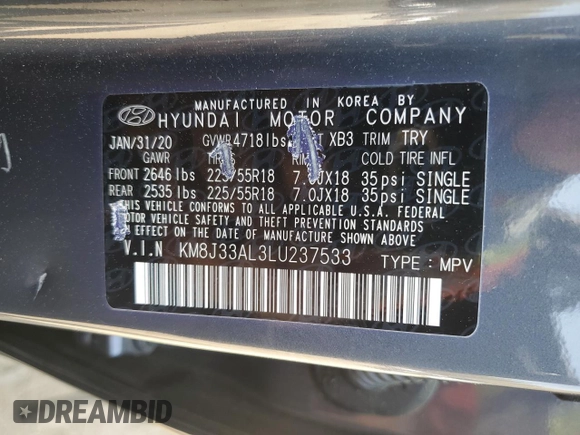 2020 Hyundai Tucson Sport with VIN KM8J33AL3LU237533, listed as a Copart auction lot 50184365 with 81,604 mi miles and Salvage title. Bid and sale history available at DreamBid. Image 13.