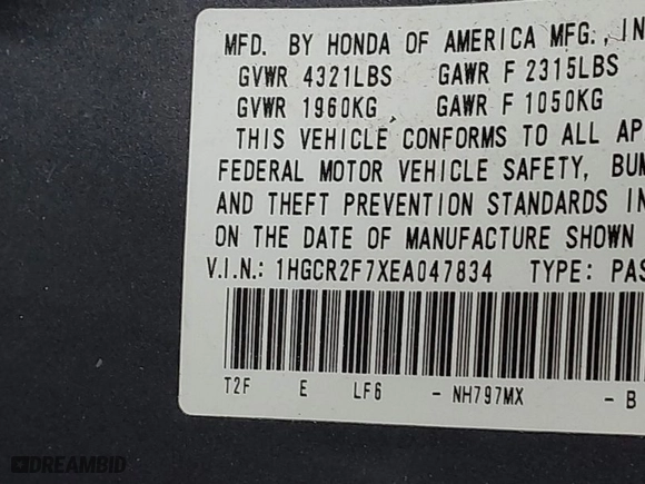 2014 Honda Accord Sedan EX with VIN 1HGCR2F7XEA047834, listed as a IAAI auction lot 42045081 with 162,532 mi miles. Bid and sale history available at carsss.com. Image 9.