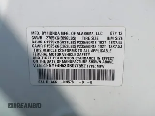 2013 Honda Pilot EX-L with VIN 5FNYF4H63DB077552, listed as a IAAI auction lot 42483801 with 218,823 mi miles and . Bid and sale history available at DreamBid. Image 9.